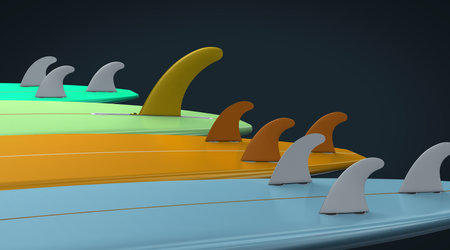 Different side by side and opposite surfboards in different colors - 3d illustrationの写真素材