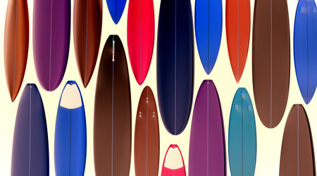 Top view of different surfboards side by side and facing each other in different colors - 3d illustrationの写真素材