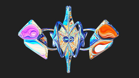 Centrally placed curved and very colorful artfully multi-layered textured abstract symmetrical shape - 3d illustrationの写真素材