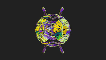 Centrally placed curved and very colorful artfully multi-layered textured abstract symmetrical shape - 3d illustrationの写真素材