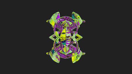 Centrally placed curved and very colorful artfully multi-layered textured abstract symmetrical shape - 3d illustrationの写真素材