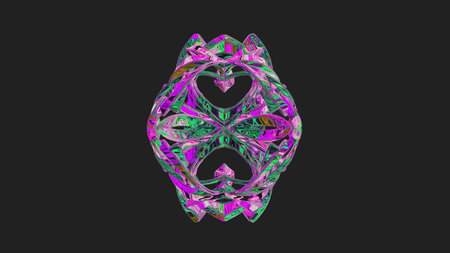 Centrally placed curved and very colorful artfully multi-layered textured abstract symmetrical shape - 3d illustrationの写真素材
