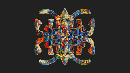 Centrally placed curved and very colorful artfully multi-layered textured abstract symmetrical shape - 3d illustrationの写真素材