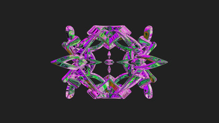 Centrally placed curved and very colorful artfully multi-layered textured abstract symmetrical shape - 3d illustrationの写真素材