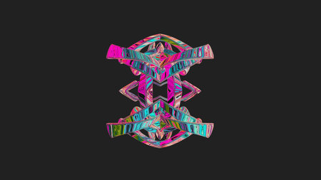Centrally placed curved and very colorful artfully multi-layered textured abstract symmetrical shape - 3d illustrationの写真素材