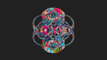 Centrally placed curved and very colorful artfully multi-layered textured abstract symmetrical shape - 3d illustrationの写真素材