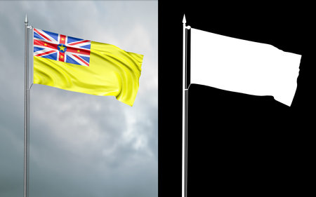 3d illustration of the state flag of Niue island country moving in the wind at the flagpole in front of a cloudy sky with its alpha channelの写真素材