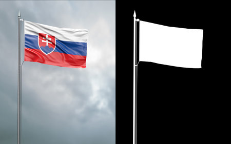 3d illustration of the state flag of the Slovak Republic moving in the wind at the flagpole in front of a cloudy sky with its alpha channelの写真素材