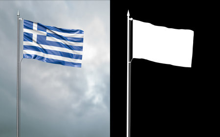 3d illustration of the state flag of the Hellenic Republic or Greece moving in the wind at the flagpole in front of a cloudy sky with its alpha channelの写真素材