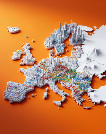 Map of Europe on an orange background. 3d render illustration.
