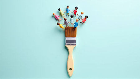 Creative idea concept photo of group of miniature people holding paint brush over blue background.