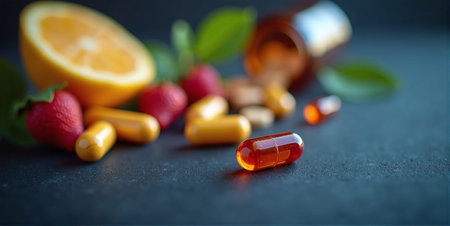 Vitamin pills and capsules on a black background. Selective focus.