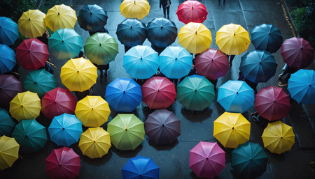 colorful umbrellas in the rain at night, stock photo
