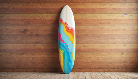 Surfboard against wooden planks background 3d-illustration