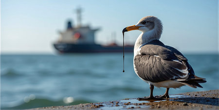 Seabird soiled with crude oil from an oil tanker in its natural environment, oil spill and pollution from heavy oil leaks from damaged oil transport ships - ai generated