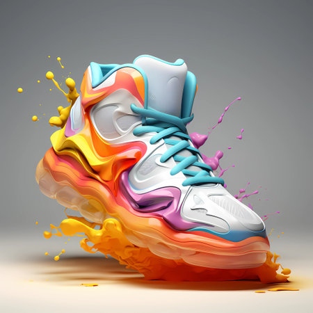 Running shoe with colorful splashes and drops isolated on grey background. 3d illustrationの素材