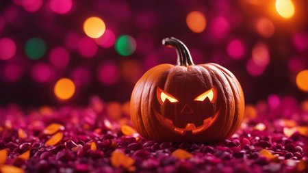 Spooky Halloween Pumpkin Resting on a Colorful Bed of Sweet Candy Goodiesの素材