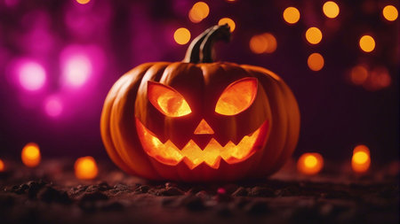 Enchanting Halloween Pumpkin with Mesmerizing Glowing Lights in the Backgroundの素材