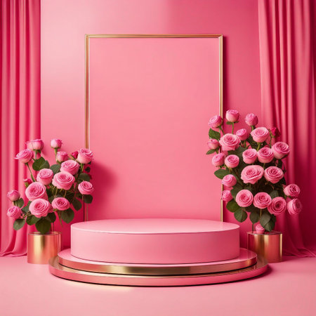 Elegant Pink and Gold Interior with a Stunning Pink Podium and Opulent Gold Frameの素材