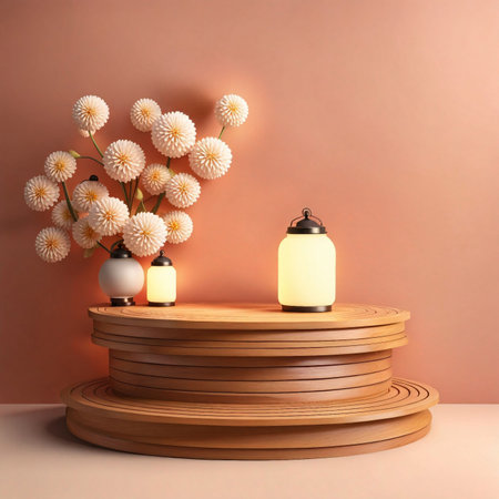 Elegant Wooden Podium with Delicate Vase and Fresh Bloomsの素材