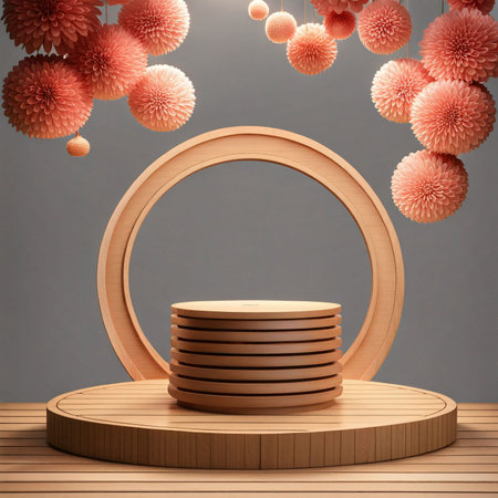 A Rustic Wooden Podium adorned with Hanging Pink Blooms and Fresh Eleganceの素材