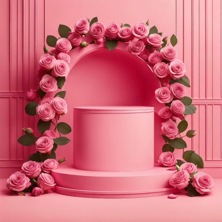 Delicious Pink Podium with Beautifully Arranged Roses on a Soft Pink Backgroundの素材