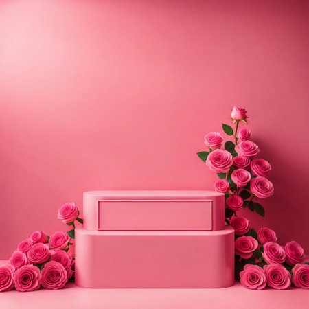Elegant Pink Roses and Delicate Podium on a Soft Pink Backgroundの素材