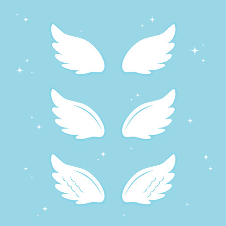 Flying angel wings with gold nimbus. Wings and nimbus. Angel winged glory halo cute cartoon drawings illustration vector setのイラスト素材