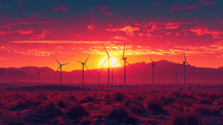 Clean energy wind farm, turbines at sunsetの素材