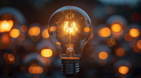 Inspiration, concept, creativity, a light bulb with a lot of lights in the backgroundの素材