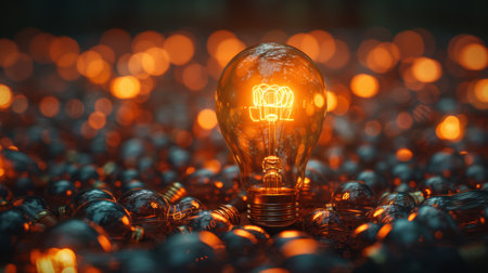 Inspiration, concept, creativity, a light bulb with a lot of lights in the backgroundの素材