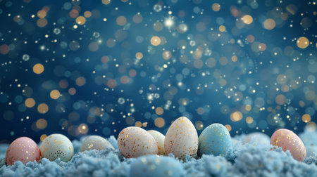 Pastel Easter eggs scattered across a starry night skyの素材