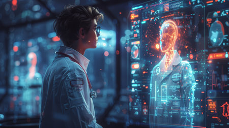 Telemedicine consultations, doctors visiting via hologramの素材