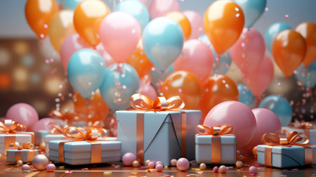 Colorful 3D balloons floating above party gifts, celebration timeの素材