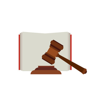 Justice scale, judge's hammer, law book, concept of court judgment to demand justice and punishment.のイラスト素材