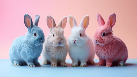 3D pastel bunnies forming a circle on a light backgroundの素材