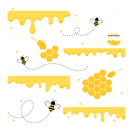 The flow of honey from the honeycomb with bees and different liquid flow.vector illustration and iconのイラスト素材