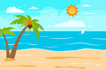 Cartoon summer beach, seaside natural vacation, tropical beach, seaside scenery background vector illustrationのイラスト素材