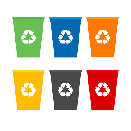 Recycling garbage separation collection and recycled isolated on white background.Trash in garbage cans with sorted garbage vector icons.のイラスト素材