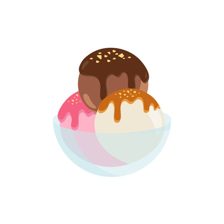 Ice cream cone waffle cartoon including various flavored ice cream and chocolate ice cream strawberry vanilla topper sundae strawberry chocolate sauce caramel sauce vector illustrationのイラスト素材