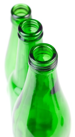 Green bottles of beer on white backgroundの写真素材