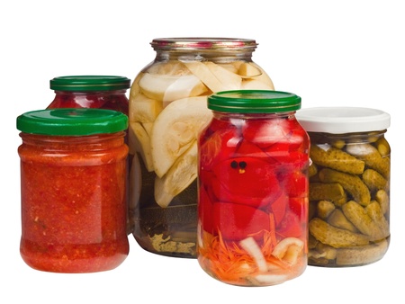 canned vegetables in glass jarsの写真素材