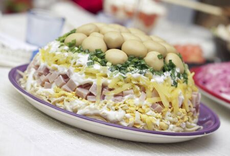 delicious salad with mushrooms, onions, sausage, mayonnaiseの写真素材