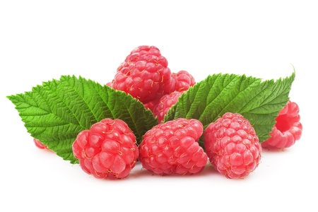 Fresh raspberry with green leaf on white background 