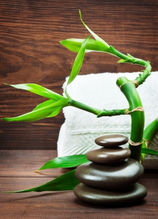 Spa still life with zen stone and bamboo の写真素材