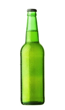 Bottle of beer with drops on white backgroundの写真素材