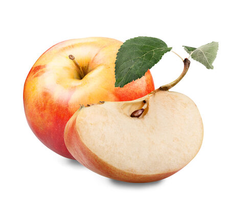 Red yellow apple with green leaf and slice isolated on white background の写真素材