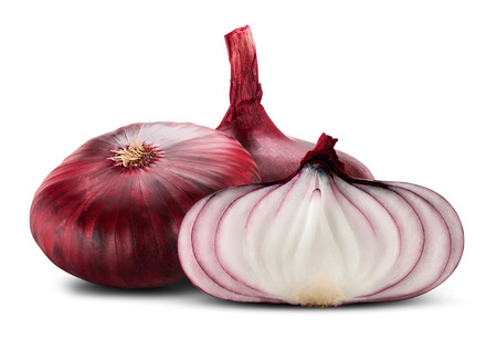 Red sliced onion isolated on white background の写真素材
