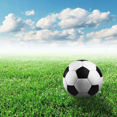 soccer ball on the green grass with the bright skyの写真素材