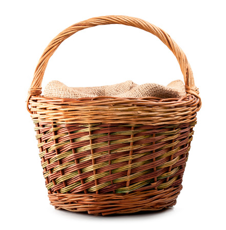 vintage weave wicker basket isolated on white background の写真素材